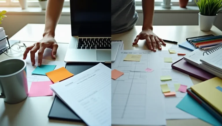 adult male with adhd attempting to complete office work with many sticky notes