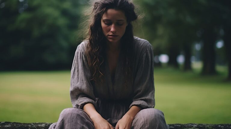 a woman affected by ADHD and hormonal changes sitting at a park appearing sad