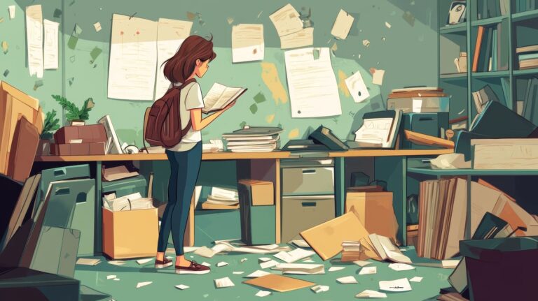 young woman with adhd symptoms sits in a cluttered offic surrounded by books
